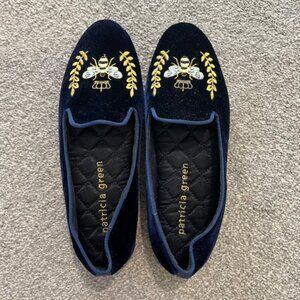 NWOT Patricia Green Bee Embroidered Velvet Slippers